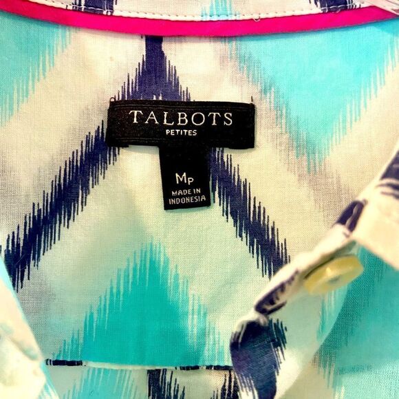 Talbots Aqua/Navy/White B/F Tab Sleeve Woman's Blouse Top Semi Sheer Sz MP - Picture 5 of 8